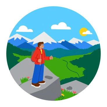 A hiker wearing a bright red jacket stands triumphantly at the peak of a rocky mountain. The hiker has short brown hair and is looking out at a breathtaking panoramic view. In the distance, several majestic mountains can be seen, their peaks covered with white snow. The sky above is a vibrant blue with fluffy white clouds scattered throughout. Below, a lush green valley stretches out, dotted with patches of colorful wildflowers. The sun shines brightly, casting a warm glow over the entire scene, enhancing the sense of adventure and accomplishment.