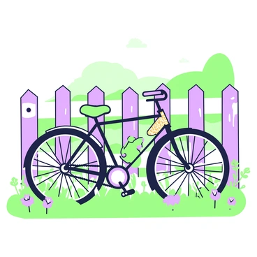 A rustic bicycle frame, showing signs of wear and age, is leaning against a wooden fence. The frame is partially covered in patches of textured rust, with a few areas of peeling paint. The wooden fence is comprised of vertical planks, with some knots and splinters visible, adding to its weathered appearance. Soft green grass grows at the base of the fence, while a few scattered purple wildflowers are found nearby. The background features hints of a tranquil rural landscape, with blurred outlines of trees and a gentle slope in the distance.