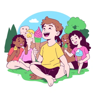 A joyful child with bright eyes is holding an ice cream cone, which has vibrant scoops of ice cream, and is dripping on one side. The child is wearing a colorful t-shirt and shorts, with a big smile on their face while laughing. Surrounding the child are several friends, each with their own ice cream cones, also smiling and enjoying the moment. They are sitting on a green grass area in a park, with trees and a blue sky in the background, creating a lively and cheerful atmosphere.