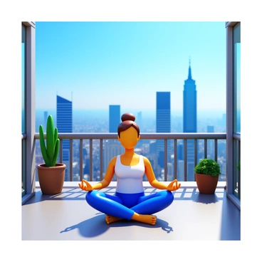 A person sitting cross-legged in a meditative posture on a balcony. The balcony has a modern railing and is adorned with potted plants. In the background, there is a panoramic view of a vibrant cityscape with tall skyscrapers under a clear blue sky. The person is wearing comfortable, loose-fitting clothing, and appears calm and focused. Sunlight casts gentle shadows on the balcony floor.