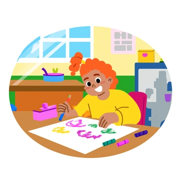 A child with bright, curly hair is sitting at a small wooden table in a colorful classroom. The child is holding a blue crayon and is focused on a large sheet of white paper filled with vibrant drawings. Around the table, various crayons in different colors are scattered, some lying on the surface and others in a small pencil holder. The walls of the classroom are decorated with educational posters and cheerful artwork created by students. Sunlight streams in through the window, illuminating the scene and highlighting the child's joyful expression.