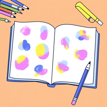 An open sketchbook resting on a wooden table. The pages of the sketchbook show a variety of illustration techniques, including ink sketches, watercolor washes, and color pencil drawings. Each page features colorful samples, with vibrant hues blending into one another. The illustrations depict simple shapes and patterns, showcasing the versatility of the techniques used. A few art supplies, like a set of colored pencils and a paintbrush, are placed nearby on the table.