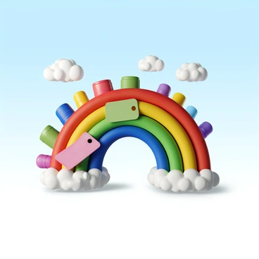 A vibrant rainbow composed of various price tags in different colors and sizes, alongside paint tubes in a spectrum of shades. The price tags are affixed to the paint tubes, creating a diverse and playful appearance. The rainbow arches gracefully across a bright blue sky, dotted with a few fluffy white clouds. The sunlight shines down, illuminating the colorful display and casting subtle shadows beneath the tags and tubes.