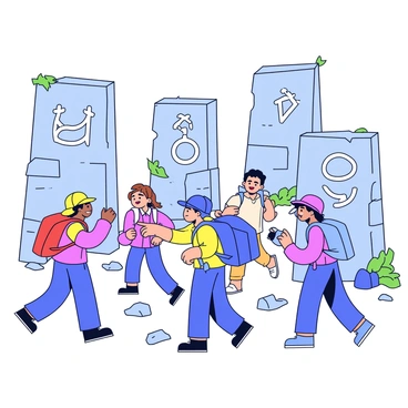 A group of explorers is carefully navigating through ancient ruins. The explorers are wearing adventure gear, including backpacks and helmets. Tall stone walls surround them, and these walls are intricately covered in expanded form symbols that are carved into the surface. The explorers are examining the symbols with curiosity, pointing at them with excitement. Some of the ruins are partially overgrown with vines and moss, adding a touch of nature to the scene. The ground is uneven, with scattered stones and debris from the ancient structure. The atmosphere is filled with a sense of discovery and wonder.