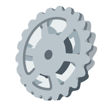 A close-up view of a large metallic gear with intricate teeth and a shiny surface. The gear is spinning rapidly, creating visible motion lines that emphasize its movement. The background is blurred, focusing all attention on the gear's detailed design and dynamic action. The light reflects off the gear's surface, enhancing its metallic sheen.