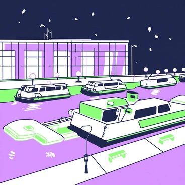 A ferry terminal is depicted at night, illuminated by bright lights. The terminal features a large, modern building with glass windows reflecting the light. Several ferries are docked at the terminal, their outlines visible against the night sky. Each ferry has a distinct shape, and they are secured with ropes to the docking area. Surrounding the terminal, a paved area is visible, with a few benches and lampposts providing additional lighting. The scene captures the bustling atmosphere of an active terminal ready for nighttime departures and arrivals.