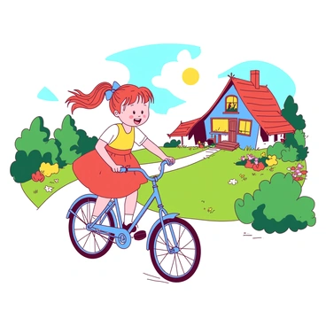 A red-haired girl named Pippi is riding a blue bicycle down a winding path. She has her pigtails bouncing in the breeze, and her bright dress is fluttering as she pedals. The sun is shining brightly in the sky, casting warm light on the scene. In the background, Villa Villekulla, a whimsical house with a colorful exterior and a crooked roof, is clearly visible. The garden around the villa is filled with vibrant flowers. Pippi's expression is joyful as she enjoys her ride on this sunny day.