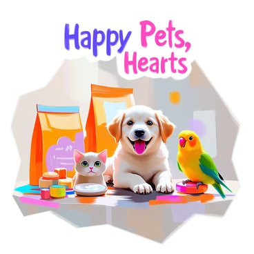 A cheerful poster for a pet store featuring an assortment of happy animals, including a playful puppy with fluffy fur, a curious kitten with bright green eyes, and a cheerful parakeet perched on a colorful toy. In the background, there are vibrant pet care products such as bags of dog food, cat toys, and grooming supplies. The animals are interacting with the products, creating a lively scene that invites pet lovers. A banner at the top reads "Happy Pets, Happy Hearts" in bold, playful letters.
