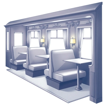 An opulent train carriage designed for luxury travel. The interior features plush seating arranged in a spacious layout, with deep cushions and rich upholstery. Ornate decorations adorn the walls, showcasing intricate carvings and elegant moldings. Large windows, framed with heavy drapes, allow ample light to illuminate the details inside. The floor is covered with a lush carpet that complements the overall opulence of the setting. Small tables are situated beside the seats, providing a place for refreshments, while softly glowing sconces add warmth to the atmosphere.