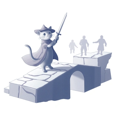A small, anthropomorphic cat wearing a wide-brimmed hat and a flowing cloak stands confidently on a narrow stone bridge. The cat is holding a sword in one paw, poised for action, while the other paw is raised as if to challenge unseen adversaries. The bridge is made of aged stones, showing signs of wear and weathering, stretching over a deep ravine. In the background, shadowy figures can be seen approaching, suggesting the presence of multiple adversaries. The scene captures the tension of the moment as the cat prepares to defend itself against the impending confrontation.
