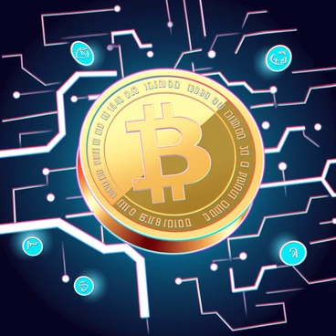 A shiny golden bitcoin with intricate engravings and a reflective surface, floating effortlessly in a three-dimensional digital space. The background features a network of glowing lines and geometric shapes, representing a complex web of data and technology. Surrounding the bitcoin are floating holographic icons and numbers that signify its digital nature. The light source creates a soft glow around the bitcoin, enhancing its prominence within the scene.