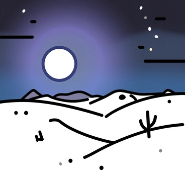 A vast desert landscape featuring rolling sand dunes under dramatic lighting. The sun is partially obscured by the moon, creating a sharp contrast between light and shadow on the dunes. The sky is filled with a blend of dark blues and purples, reflecting the unusual atmosphere during the eclipse. Sparse vegetation, such as scattered cacti and hardy shrubs, punctuates the sandy expanse. A few distant mountains can be seen on the horizon.