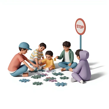 A group of five children is gathered at a bus stop, sitting on the pavement. They are focused on solving a giant jigsaw puzzle spread out in front of them. One child, wearing a blue cap and a red t-shirt, is placing a piece in the puzzle, while another child, dressed in a green jacket and blue jeans, is looking at the puzzle pieces with a thoughtful expression. A girl wearing a yellow dress is pointing excitedly at a piece in her hand. Another child, in a striped shirt, is reaching for a piece with a smile. The last child, wearing a purple hoodie, is sitting cross-legged, holding several pieces as they discuss their next move. The bus stop sign is visible in the background, adding context to the scene.