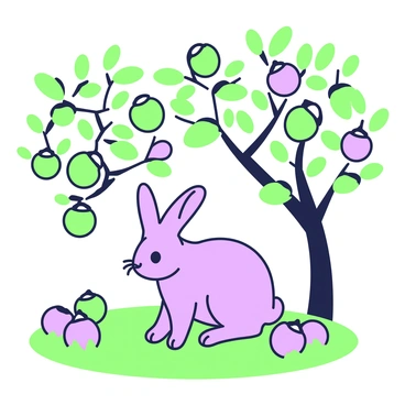 A rabbit is sitting on the ground beneath apple trees. The trees are adorned with round green and purple apples hanging from the branches. Several fallen apples are scattered around the base of the trees, some half-hidden in the grass. The rabbit has soft fur and large ears, looking around curiously. Light filters through the leaves, creating a dappled effect on the ground. The scene captures a tranquil moment in nature, highlighting the relationship between the rabbit and its environment.