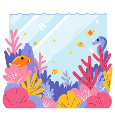 An underwater scene featuring vibrant coral reefs with a variety of colors including pink, orange, and purple. The coral formations are diverse, showcasing intricate shapes and textures. Various aquatic creatures swim among the reefs, including a school of small yellow fish, a graceful blue seahorse, and a large orange clownfish peeking out from a sea anemone. Bubbles rise to the surface, and shafts of light filter down through the water, illuminating the scene in a magical way.