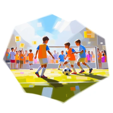 A soccer field set for a youth league final, featuring young players in colorful uniforms actively engaged in a match. The scene shows two teams in motion, with one player kicking the ball towards the goal, while others are positioned strategically on the field. On the sidelines, enthusiastic parents cheer and wave banners, capturing the excitement of the event. The sky is bright and clear, casting light on the green grass of the field, creating a vibrant atmosphere filled with energy and anticipation.