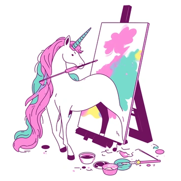 A white unicorn stands gracefully in front of a large canvas, holding a paintbrush in its mouth. The canvas is filled with vibrant splashes of color, showcasing a rainbow of hues. The unicorn's mane is flowing and filled with shades of pink and teal, shimmering in the light. The ground around the unicorn is scattered with paint tubes and brushes, highlighting its artistic endeavor. The unicorn looks focused and engaged in its creative process, making it a lively scene of imagination.