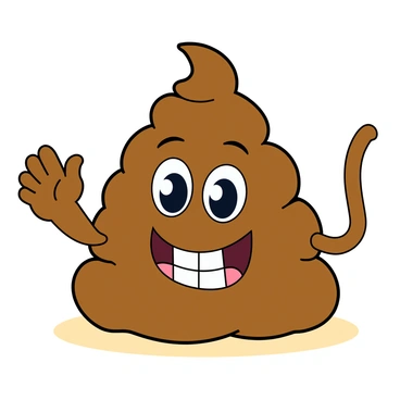 A brown cartoon poop character with a round shape, happily waving at the viewer with one of its squiggly arms. The character has large, cartoonish eyes filled with joy and a wide, friendly smile, displaying a set of white teeth. Its body has small, rounded features, including a little swirl at the top to represent the texture. The background is a simple, vibrant color that enhances the cheerful demeanor of the character.