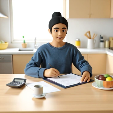 A mother with medium skin tone and tied-back hair is sitting at a wooden kitchen table. She is wearing a comfortable blue sweater. In front of her is an open ledger, where she is writing down grocery expenses with a pen. There is a calculator next to the ledger, and a bowl of fresh fruits is placed on the table. The kitchen has light-colored cabinets and a window letting in natural light. A coffee mug is also on the table, beside her notes.