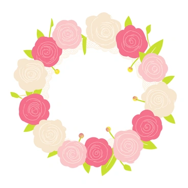 A classic wreath made of blush pink and cream roses arranged in a circular formation. The roses have soft, delicate petals and are interspersed with green leaves. Delicate lace is woven throughout the wreath, adding texture and elegance. Small, shiny pearls are scattered among the flowers, enhancing the decorative appeal of the wreath.