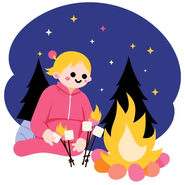 A "Polly Pocket" figure with a vibrant pink outfit is sitting beside a small, flickering campfire made of twigs and small stones. The campfire casts a warm glow, illuminating her cheerful face. Nearby, there are several tiny marshmallows on a stick held by Polly, with one marshmallow starting to brown slightly over the fire. Above her, a dark blue night sky is dotted with bright, twinkling stars. In the background, there are silhouettes of small trees, adding to the camping atmosphere.