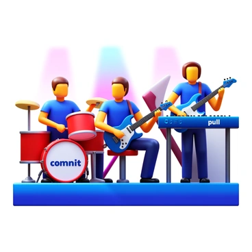 A band of musicians performing on stage with vibrant lighting. The drummer is playing a drum set, and the drums are labeled with the word "commit." The guitarist is strumming an electric guitar, and the guitar is labeled with the word "push." The bassist is playing a bass guitar, and the bass is labeled with the word "pull." The keyboardist is at a keyboard, with the keyboard featuring musical notes. Each musician is focused and engaged in their performance, showcasing a lively atmosphere.