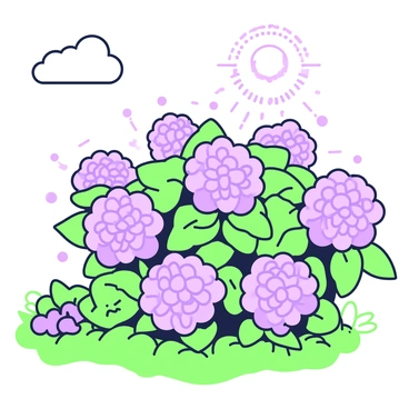 A bush full of blooming hydrangeas is prominently featured in the foreground. The hydrangeas are lush and vibrant, with clusters of rounded flowers in various stages of bloom. Above the bush, a bright sky stretches out, dotted with a few clouds. The sunlight casts soft shadows around the petals, highlighting their delicate details. Surrounding the bush, a well-maintained garden adds to the scene, with green leaves accentuating the colors of the hydrangeas.