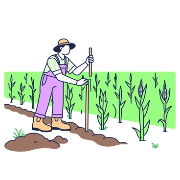 A farmer is in a large agricultural field, carefully staking young corn plants that are arranged in neat rows. The farmer is wearing a straw hat and a plaid shirt, with brown overalls and sturdy boots. In their hands, they hold a wooden stake, placing it beside a tall green corn plant. The field is expansive, with rows of corn stretching towards the horizon. Surrounding the field, patches of soil are visible, showing signs of recent cultivation, and the sky above is clear.