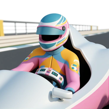 A racecar driver, wearing a vibrant racing suit with bold colors and dynamic patterns, is sitting in a high-speed car. The car is sleek and aerodynamic, featuring a shiny metallic finish. The driver has a full-face helmet with a reflective visor, resting on the headrest of the seat. The steering wheel is detailed with colorful buttons and a digital display. The background shows a blurred racetrack, enhancing the sense of speed and anticipation as the driver prepares to start the race.