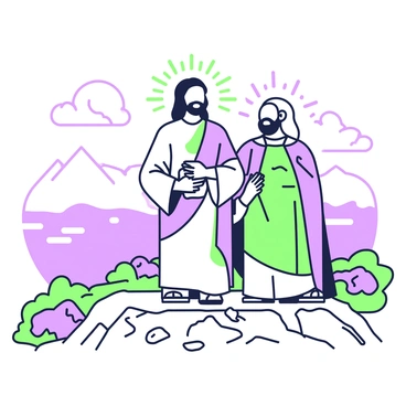 Jesus is standing on a mountaintop, illuminated with a radiant light. He is depicted with a serene expression, wearing a flowing robe. Beside him, Moses is holding a stone tablet, while Elijah stands nearby with a cape draped over his shoulder. The background features a vast landscape stretching out below, with clouds forming in the sky. The scene is filled with a sense of reverence and awe, as the figures engage in a moment of divine connection. The mountaintop is rugged, with scattered rocks and sparse vegetation.