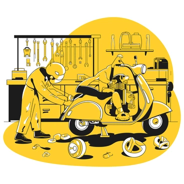 A garage filled with various tools hanging on the walls and scattered across workbenches. There are wrenches, screwdrivers, and a toolbox prominently displayed. A mechanic, wearing a yellow jumpsuit and a cap, is bent over a moped with exposed engine parts. The moped is positioned on a lift, and the mechanic is using a wrench to tighten a bolt. Various parts of the moped, such as wheels and handlebars, are placed nearby. The floor is concrete and slightly stained, adding to the cluttered look of the garage.