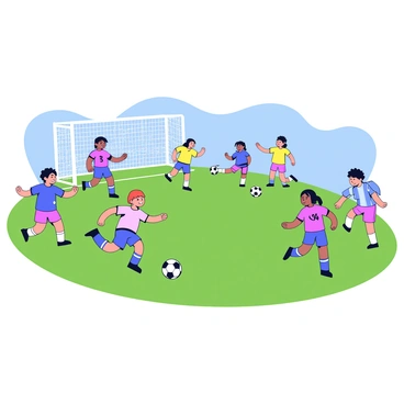 A group of young athletes engaged in soccer practice on a well-maintained green field. Some players are practicing dribbling the ball while others are taking shots at a goal. The players are wearing colorful uniforms with numbers on the back. In the background, there are white goalposts and a bright blue sky. A few soccer balls are scattered on the grass around them.