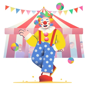 A clown with a painted face and a red nose is juggling five colorful balls in a lively circus tent. The clown is wearing a bright yellow shirt with oversized red suspenders and blue polka-dot pants. His multicolored wig is frizzing out in all directions. The circus tent's interior features red and white striped fabric, with a crowd of excited spectators in the background. The floor is covered with sawdust, and colorful banners hang from the tent's ceiling. The clown is smiling widely, showcasing his enthusiasm for the performance.