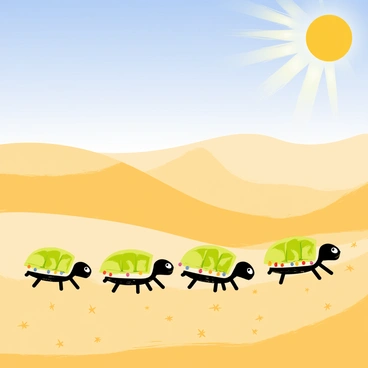 A caravan of scarab beetles with shiny green and gold shells is traveling across a vast desert. The sand dunes are undulating under the bright blue sky. The sun is depicted as a large, bright circle casting intense rays, illuminating the scene. The beetles are marching in a line, with some carrying small, colorful beads on their backs. Tiny grains of sand are scattered around them, creating a sense of movement and warmth in the desert environment.