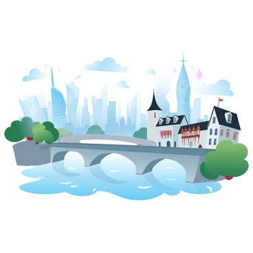 A long bridge made of sleek, metallic materials stretches across a wide river, connecting a futuristic city with towering, glass skyscrapers to a medieval town with stone buildings and cobblestone streets. The futuristic skyline features dynamic shapes and glowing elements, while the medieval town showcases quaint architecture with wooden beams and colorful banners. The river below reflects both cityscapes, creating a harmonious blend of modern and historic. Lush greenery lines the riverbanks, enhancing the contrast between the two distinct environments.