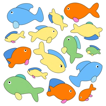 A vibrant array of shapes and colors inspired by various sea fish. The image features an assortment of smooth curves and sharp angles, mimicking the fluid movements of fish in water. Each shape is filled with bright hues of blue, orange, yellow, and green, creating a lively composition. Some shapes resemble the fins and tails of fish, while others evoke the contours of their bodies. The background is a harmonious blend of soft colors that complement the central pattern, enhancing the overall visual impact.