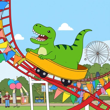 A large T-Rex with vibrant green scales and tiny arms is seated securely in a rollercoaster car. The dinosaur has a wide, toothy grin and its mouth is open, emitting a joyful roar. Its eyes are squinted with excitement. The rollercoaster track twists and turns, surrounded by colorful flags fluttering in the breeze. In the background, a bright blue sky is dotted with fluffy white clouds, and other amusement park attractions like a Ferris wheel and game booths are visible. The scene is filled with cheerful details, such as colorful balloons and happy park-goers waving.