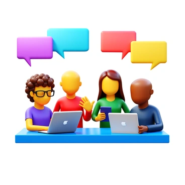A diverse group of people participating in a lively online forum discussion. There are four individuals, each with distinct features. One person has curly hair and is wearing glasses, focused on their laptop. Another person has a shaved head, smiling while holding a smartphone. A third individual, with long straight hair, is gesturing animatedly while sitting in front of a tablet. The last person has medium-length hair tied back and is taking notes on a notepad. Various colorful speech bubbles are visible above them, depicting their enthusiastic contributions to the discussion.