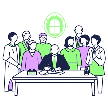 A historical scene depicting the moment the 26th Amendment is signed into law. In the center, a large oak desk is covered with documents and pens. A distinguished man, dressed in a dark suit, is seated at the desk, with a focused expression as he signs the amendment. Behind him, a group of adults and young people of diverse backgrounds stand in a semi-circle, some smiling and others clapping. A large window in the background allows light to filter into the room, illuminating a framed portrait of a past president on the wall. On the desk, an ink bottle and a small American flag can also be seen, symbolizing patriotism and the historical importance of this moment.