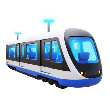 A sleek internal airport train with a streamlined design, featuring large windows and modern, comfortable seating. The train is in motion, gliding smoothly along its track, with passengers inside looking out. Bright, overhead LED lights illuminate the interior and highlight the contemporary materials used in the train's construction. The background shows blurred images of airport terminals through the windows, suggesting speed and efficiency in transporting passengers between them.