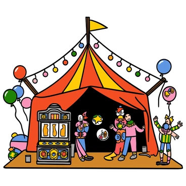 Inside a circus big top filled with vibrant colors and various circus props. A vintage slot machine is prominently displayed, featuring ornate designs and bright symbols. Surrounding the slot machine, there are colorful balloons tied to wooden posts, sparkling lights strung across the tent ceiling, and whimsical clown costumes hanging nearby. The ground is covered with a mix of sawdust and vibrant rugs. In the background, a juggling act can be seen in motion, with performers in colorful attire showcasing their skills.