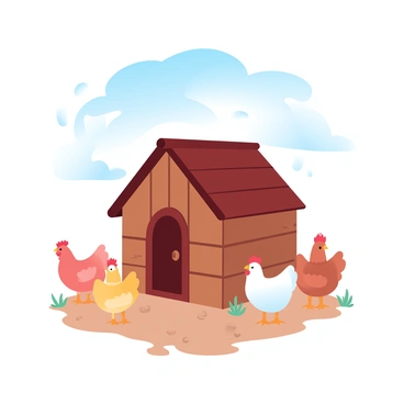 A chicken coop made of wood with a rustic design sits in the center of the image. Colorful hens are scattered around, pecking at the ground, revealing patches of earth and small green blades of grass. The hens display a variety of colors, including shades of red, gold, and white. Above the coop, a bright blue sky stretches out, filled with soft white clouds. The scene is warm, inviting, and alive with activity, suggesting a peaceful farmyard atmosphere.
