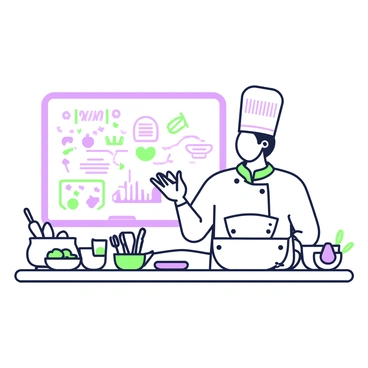 A chef is standing at a countertop while giving a cookery lecture. He is wearing a white chef's coat and a tall white hat. On the countertop, there are various cooking utensils such as a whisk, spatula, and knife arranged neatly. Next to the utensils, a variety of ingredients are displayed, including fresh vegetables, herbs, and spices in clear containers. Behind the chef, a large whiteboard is visible with handwritten notes and diagrams related to cooking techniques. The setting is well-lit, highlighting the vibrant colors of the ingredients.