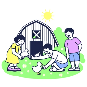 A group of children is playing with ducklings near a rustic barn. There are three children, two boys and a girl. The girl is wearing a yellow dress and bending down, gently holding a small duckling in her hands. One of the boys is crouching next to her, reaching out with his hand to touch another duckling. The other boy stands a bit further back, laughing and watching the interaction, wearing a blue t-shirt and shorts. The barn is made of weathered wood with a slanted roof, surrounded by green grass scattered with wildflowers. The sun is shining brightly, creating a lively atmosphere. In the background, there are a few trees providing some shade.