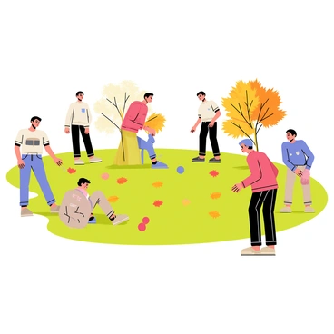 A cozy scene featuring several people engaged in a game of petanque on a grassy area. The players are wearing casual clothing, displaying expressions of concentration and enjoyment. Scattered around them are vibrant fallen autumn leaves in shades of orange, red, and yellow. In the background, there are trees with colorful foliage, and a soft sunlight filters through the branches, casting gentle shadows on the ground. A few petanque balls are visible on the ground, showcasing the sport's equipment.