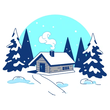 A winter wonderland set with snow-covered pine trees and a cozy cabin with smoke rising from the chimney