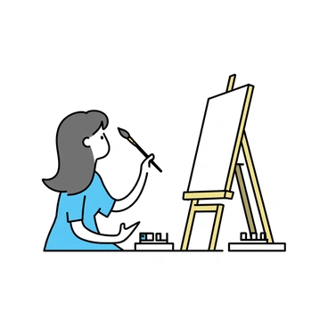 A woman, with long brown hair, wearing a light blue dress, is sitting at an easel. She holds a paintbrush in her right hand, poised above a blank canvas. Her gaze is distant, suggesting she is daydreaming. The easel is wooden and sturdy, set against a simple background. The canvas is white, waiting to be filled with colors. A few paint tubes are scattered on a small table beside her, adding to the artistic atmosphere.