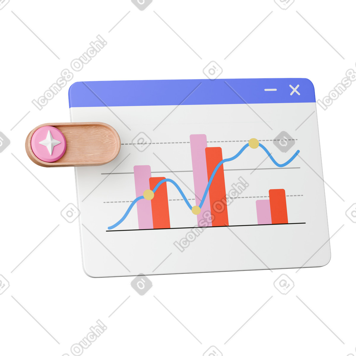 下载 3D Stickle 风格的 Dashboard interface showing sales bars and blue growth trend curve 插画，支持 PNG、SVG 格式