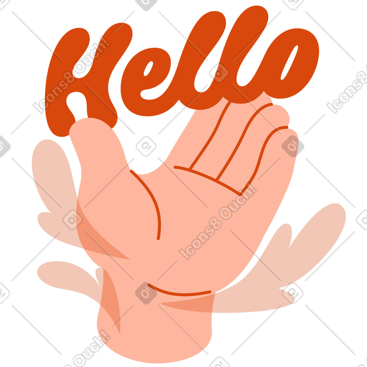 下载 Orange 风格的 Handwriting hello above waving palm, Friendly greeting concept 插画，支持 PNG、SVG 格式