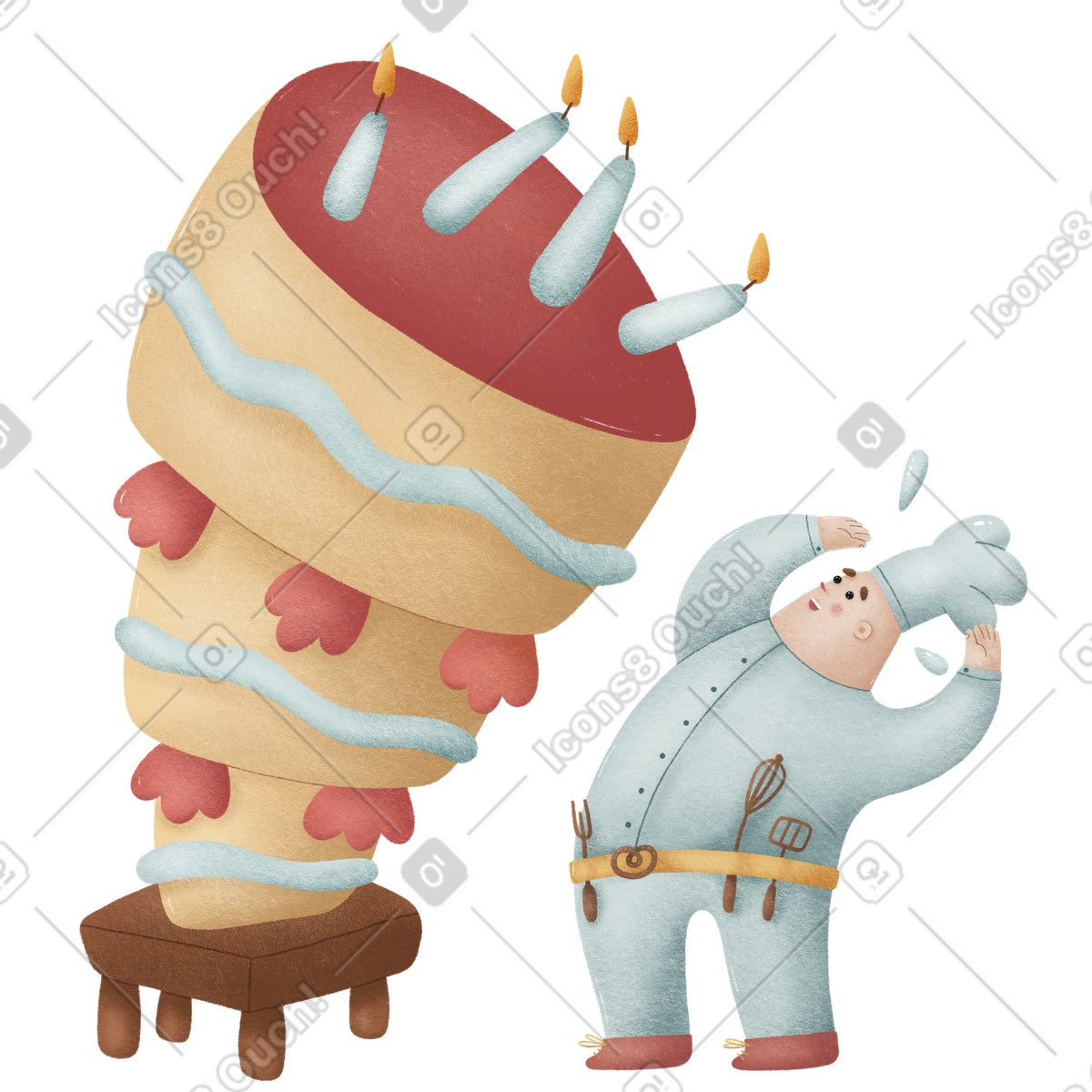 Huge falling birthday cake with candles, Kitchen accident or fatal error illustrazione in stile Woolly scarica in PNG, SVG